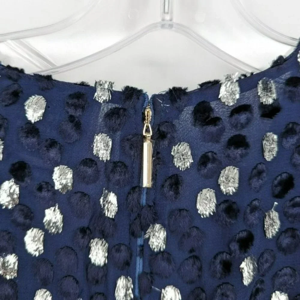 Kate Spade Scatter Dot Dress 6 Navy Silver Faux Wrap Ruffle Velvet Long Sleeve